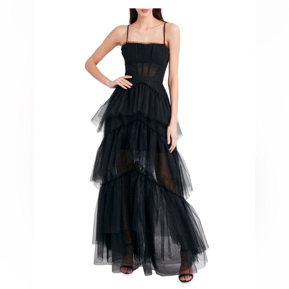 BCBGMAXAZRIA WOMEN SIZE 2 SHEER OLY TIERED RUFFLE TULLE EVENING GOWN MESH PARTY